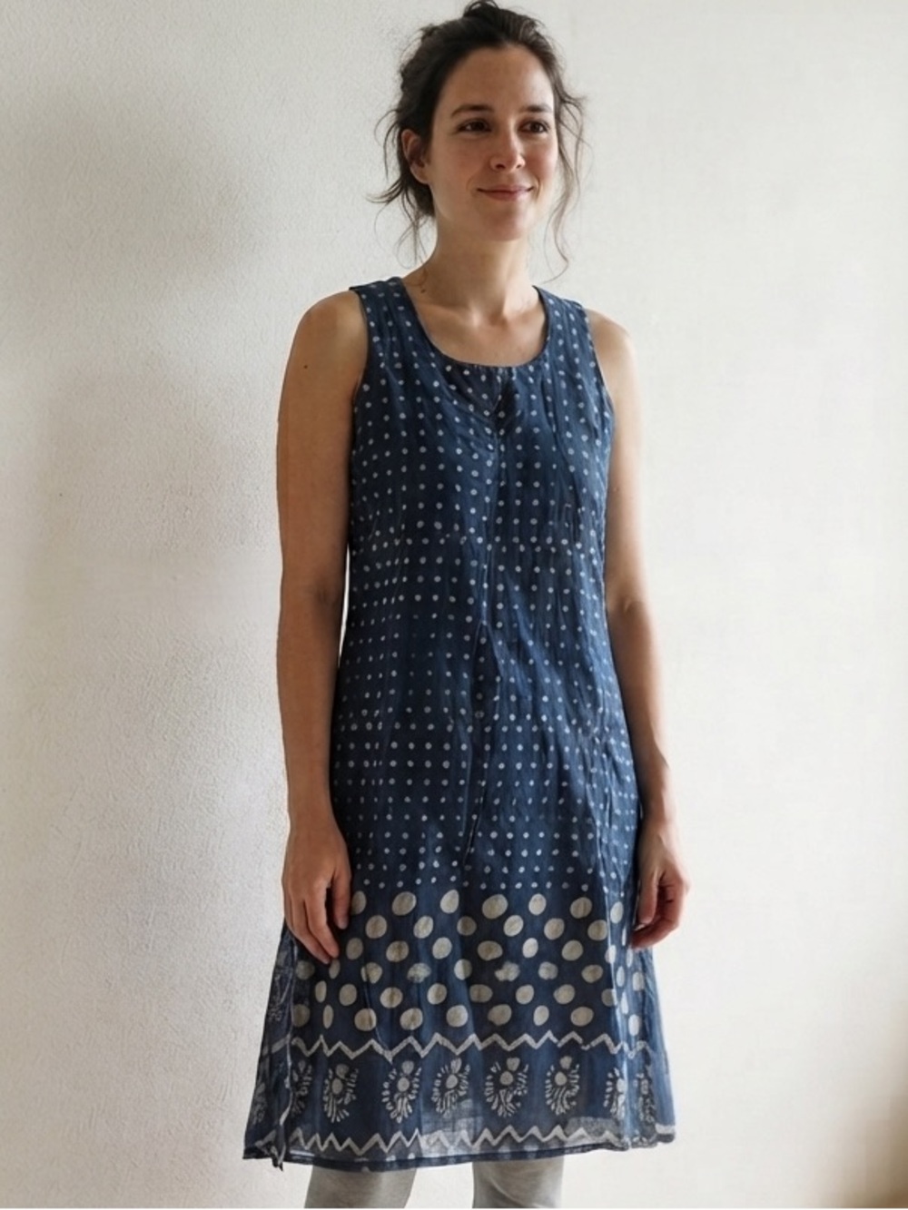 Anokhi Sz S Blue Cotton Polka Dots Artsy Long Tunic Top